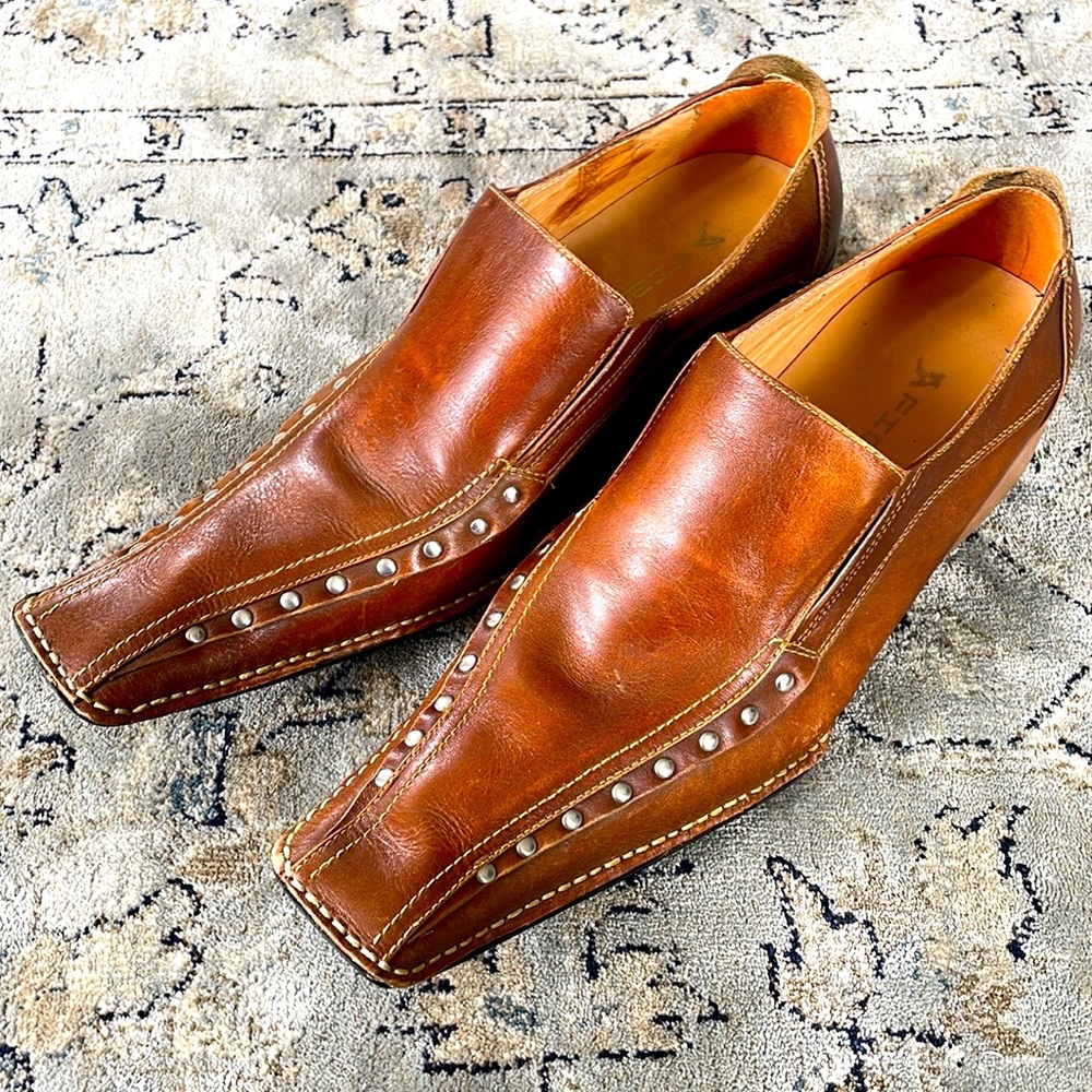 Studded Cognac Brown Leather Slip on Men’s Shoe Size 42 8-8 1/2